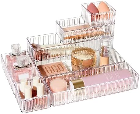 Vtopmart 7 PCS Clear Makeup Drawer Organizers Bins, 4-Size Stackable