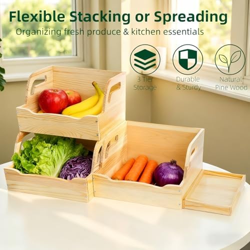 Wood Potato Onion Storage Bin, Stackable Pantry Organizer, Open Front