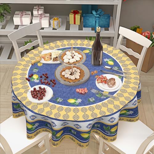 Lemon Round Tablecloth 60 Inch Blue Yellow French Country Style Fruit