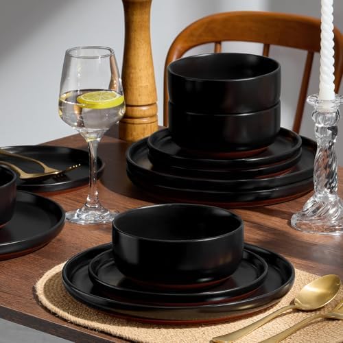 E-far Plates and Bowls Sets, 12Pcs Stoneware Ceramic Dinnerware Dishes