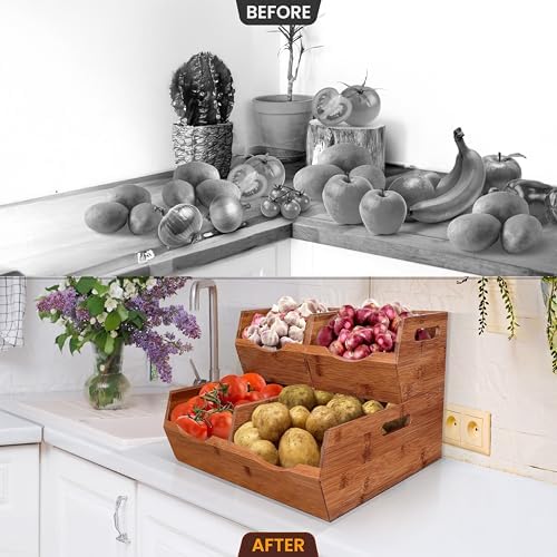 2-tier Stackable Bamboo Pantry Storage Bins, Potato & Onion Storage