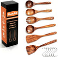 6-Piece Teak Wooden Utensil Set with Hooks