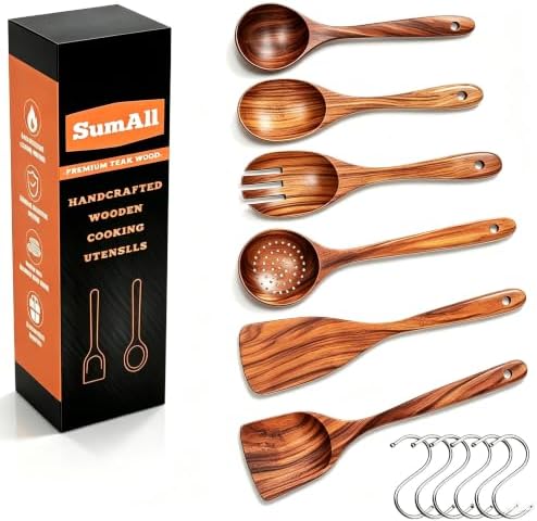 6-Piece Teak Wooden Utensil Set with Hooks