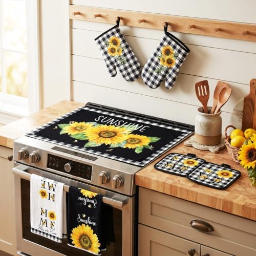 Fourluoo 7 Pcs Summer Sunflower Buffalo Plaid Kitchen Decor and
