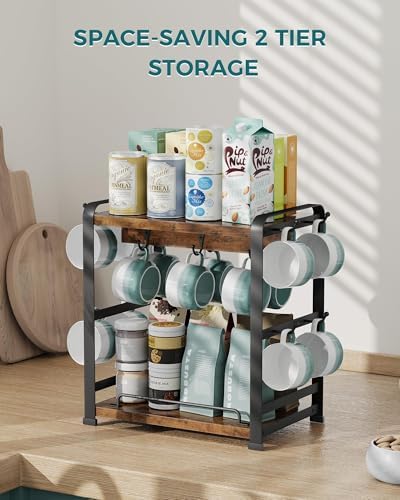 OROPY Coffee Mug Holder Countertop, Mug Rack 2 Tier Shelf & 14 Mug