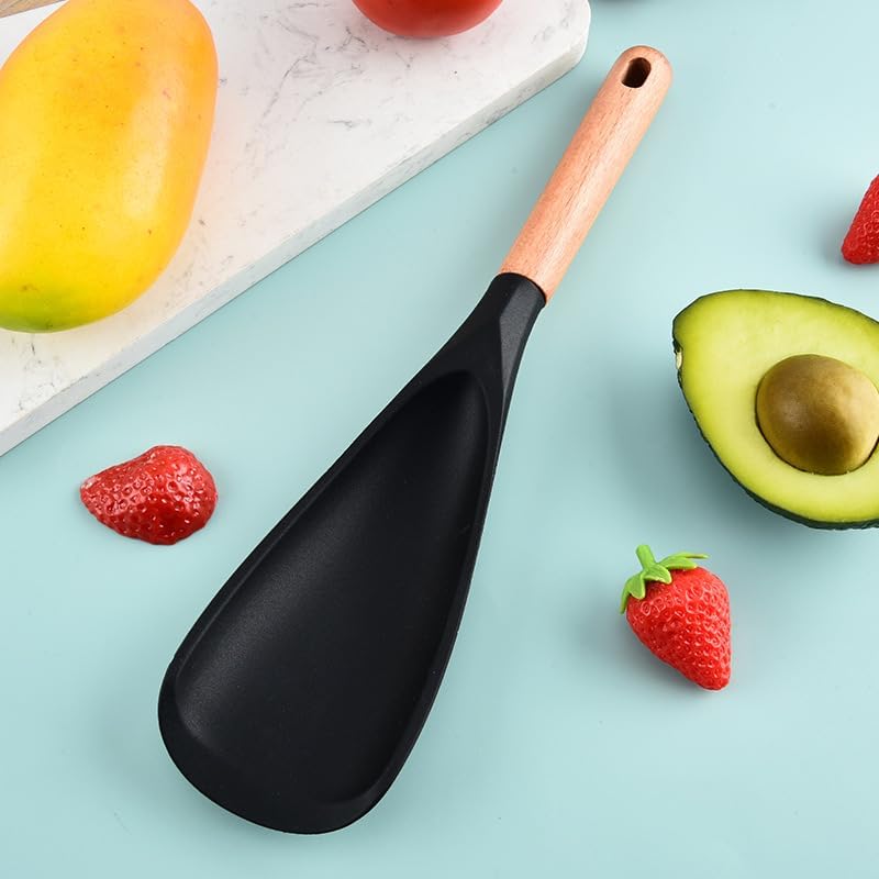 2 Pcs Wooden Handle Silicone Cooking Spoon Set for Nonstick Cookware