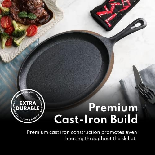 New Star Foodservice 1028614 Commercial Grade Cast Iron Fajita Set, Oval Sizzling Skillet, Japanese Steak Plate with Walnut-Stained Wood Base