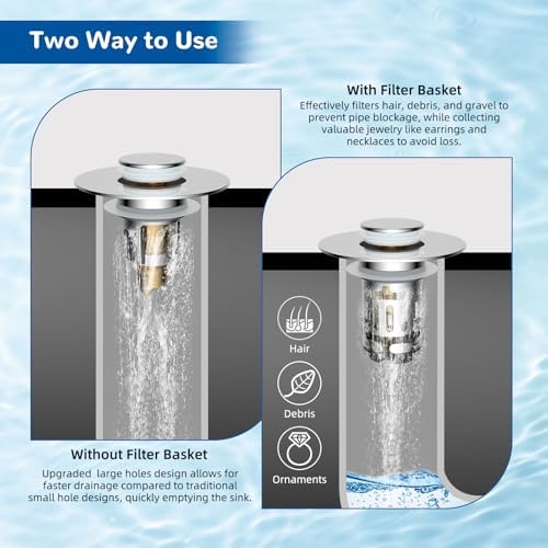 Hibbent Upgraded 3 in 1 Bathroom Sink Drain Strainer, Pop Up Stopper