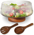 Extra Large Salad Bowl Set with Wood Base, Ribbed Glass Salad Bowl
