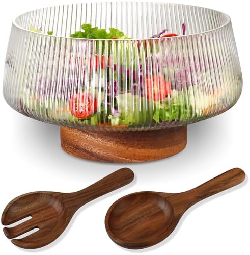 Extra Large Salad Bowl Set with Wood Base, Ribbed Glass Salad Bowl