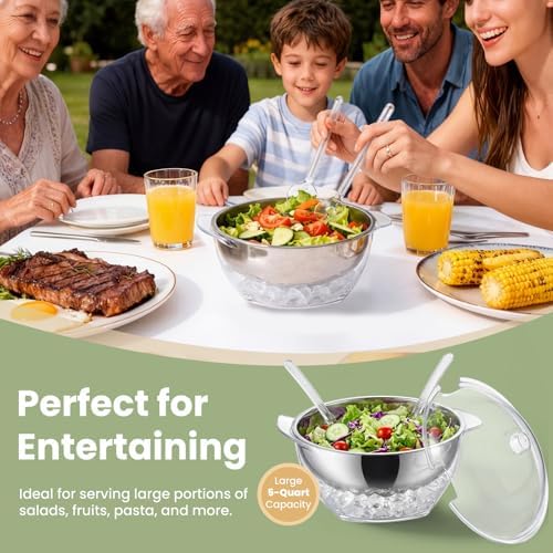 Chilled Serving Bowl on Ice, Salad Bowl with Lid, 5 QT Stainless Steel
