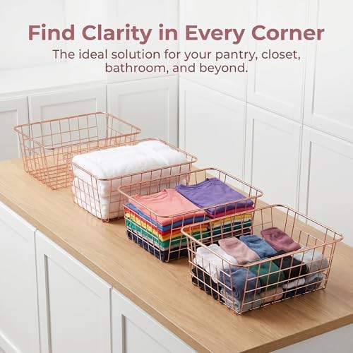 Jucoan 4 Pack Metal Wire Storage Baskets, Rose Gold Wire Baskets with