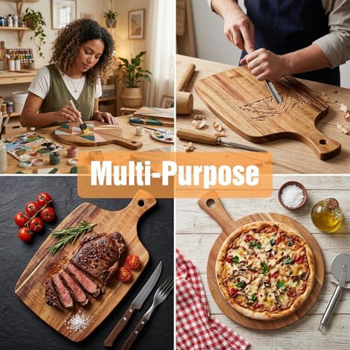 2 Pack Acacia Wood Cutting Board with Handle – 2 Shapes Wooden Charcuterie Board Set, Large Paddle Carving Chopping Block for Meat, Cheese, Fruit, Pizza, Bread – Farmhouse Serving Tray