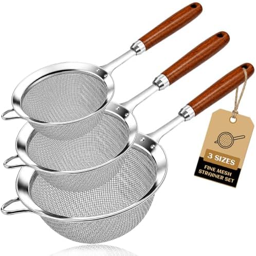 Fine Mesh Strainer Set, 30 Mesh 304 Stainless Steel Kitchen Sieve with