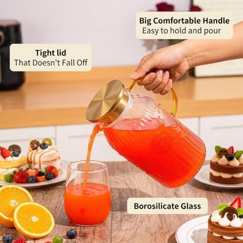 Amzcku Glass Pitcher with Lid 68oz 2L Vintage Water Carafe Beverage
