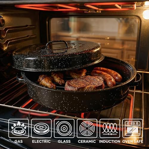 Enamel Roasting Pan With Lid and Rack 13" 18"Granite Roaster Pans Set With Rack Suitable Cooking Poultry Baking Turkey Bread Beef High Temperature Resistance,Dishwasher Safe,Holiday Gifts CookWare