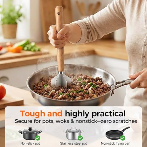 304 Stainless Steel Meat Chopper, 6 Blade Ground Beef Masher with