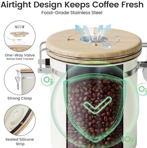 Veken Coffee Canister with Window, Airtight Stainless Steel Container
