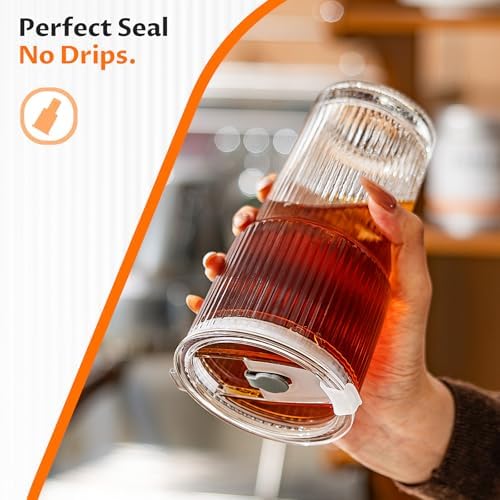 20oz Iced Coffee Cups with Lids, Glass Coffee Cups with Lids and