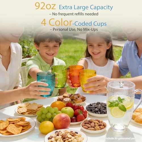 Plastic Pitcher with Lid and 4 Tumblers Set, 92oz Acrylic Water