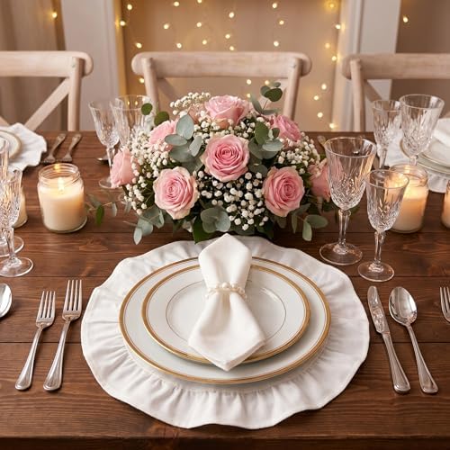 Round Ruffled Linen Blend Placemats, 15 Inch Scalloped Table Mats, Set