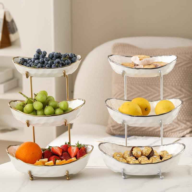 White Fruit Bowl with Gold Metal Stand, 3 Tier Modern Ceramic Fruit