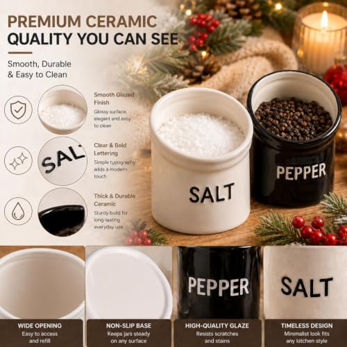 2 Pcs 12oz Christmas Ceramic Salt Pig & Pepper Crock Kitchen Decor