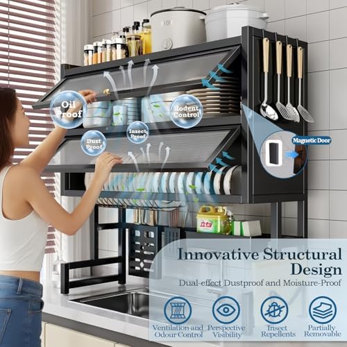 Dish Drying Rack 4 Tiers with Cover, Keep Kitchen Sink Shlef Organized Space-Saving, Large Drying Rack for Dishes, Glasses, Bowls, Cutlery Black (41.3''Double)