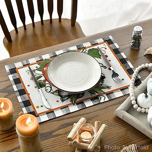 Artoid Mode Pumpkin Buffalo Plaid Fall Placemats Set of 4-12 x 18 Inch