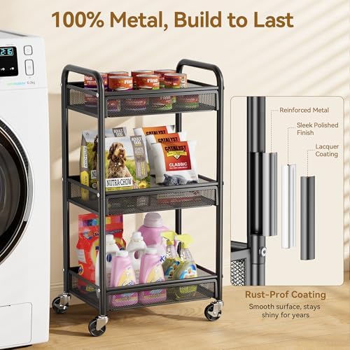 YASONIC 3-Tier Metal Rolling Storage Cart, Black