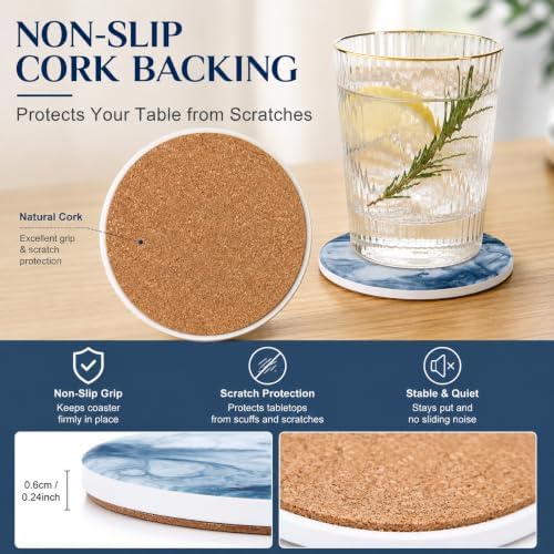 Blue Coasters for Drinks Marble Style,Absorbent Ceramic Coaster with