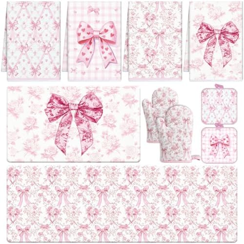 Pink Bows Kitchen Decor Set, 10 Pcs Coquettte Bow Home Accessories