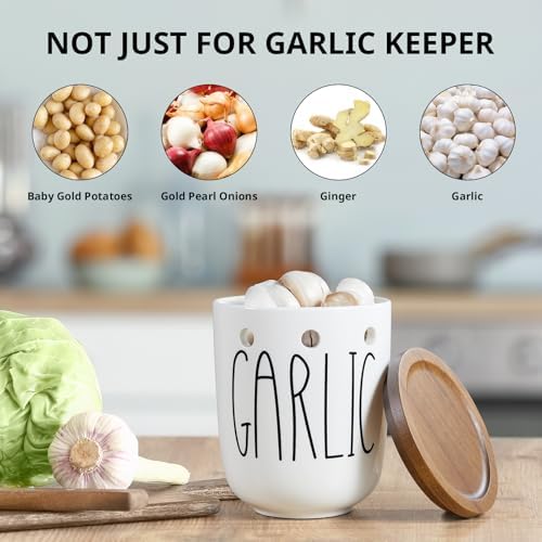Ceramic Garlic Keeper for Counter, Large Garlic Holder with Acacia