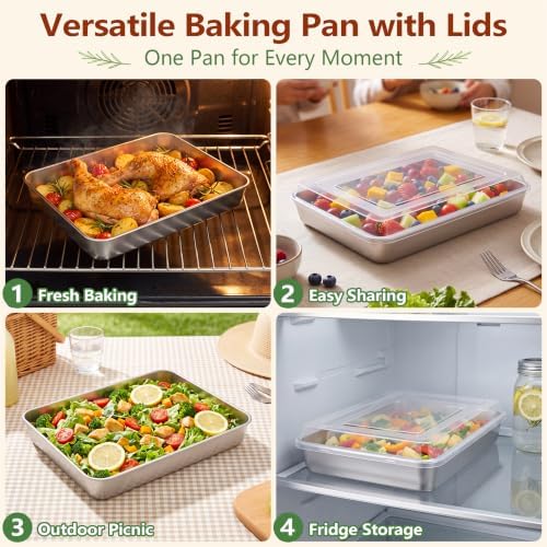 E-far Stainless Steel Baking Pan with Lid, 10.4 x 8 x 2 Inch for Cake