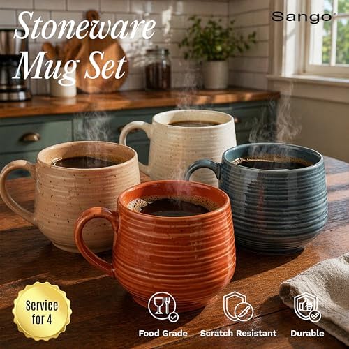 Sango 17.5 oz Stoneware Coffee Mugs Set of 4, Rustic Ceramic Mug with
