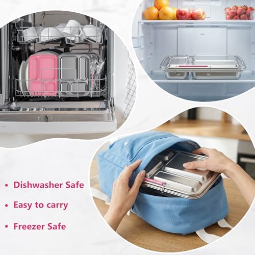 Stainless Steel Bento Lunch Box, 4 Compartments, Pink
