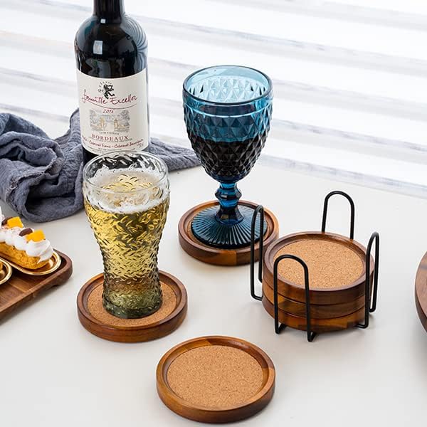 Acacia Wood Cork Coasters with Holder - Absorbent Rustic Cork Coasters