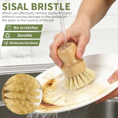 6 Pack Bamboo Dish Brush Set, Natural Dish Brush with Long Handle