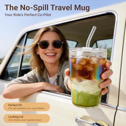 Luxfuel 16 oz Glass Cups with Lids and Straws Reusable Iced Coffee