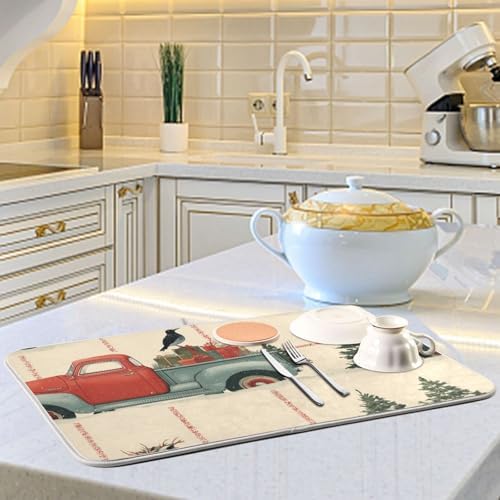 OTVEE Red Truck Snow Fun Dish Drying Mat for Kitchen Counter Absorbent