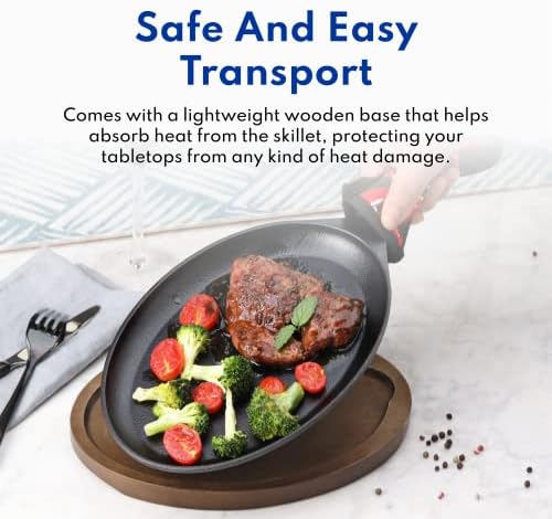 New Star Foodservice 1028614 Commercial Grade Cast Iron Fajita Set, Oval Sizzling Skillet, Japanese Steak Plate with Walnut-Stained Wood Base