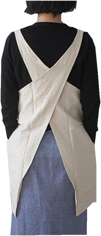 Cotton Linen Japanese Apron Halter Cross Back Bandage X Shape Aprons Two Pockets - Image 3