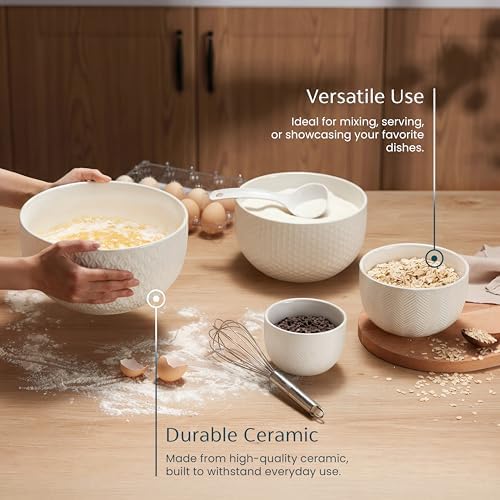 KooK Ceramic Nesting Bowls, Embossed, Oven Safe, Set of 4, Marshmallow