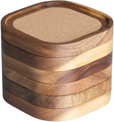 Acacia Wood Coasters for Drinks, 4.13 Inch, Set of 6, Squircles