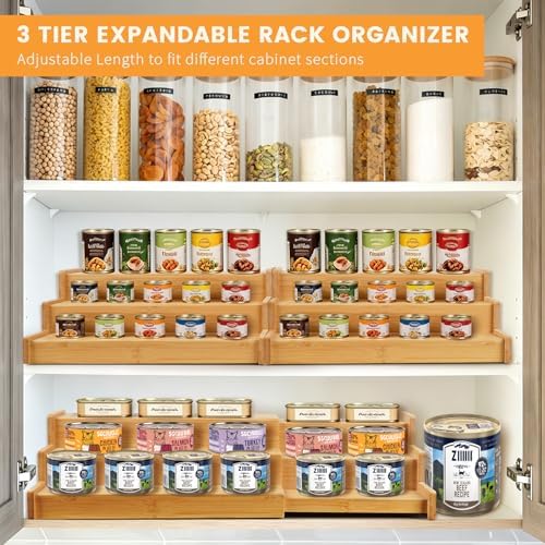 Expandable Bamboo Can Rack Organizer, 3 Tier Canned Food Storage for