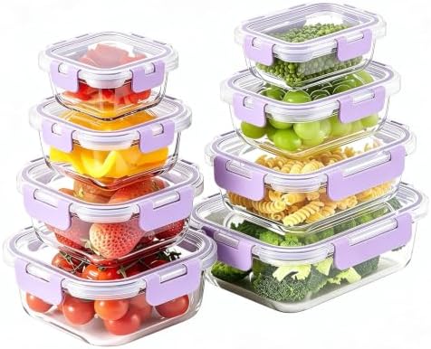 8 Pack Glass Food Storage Containers with Snap Locking Lids