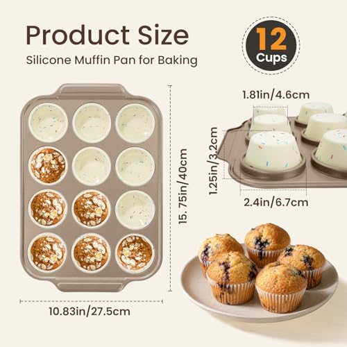 Silicone Muffin Pans for Baking with Metal Frame, 12-Cup Silicone
