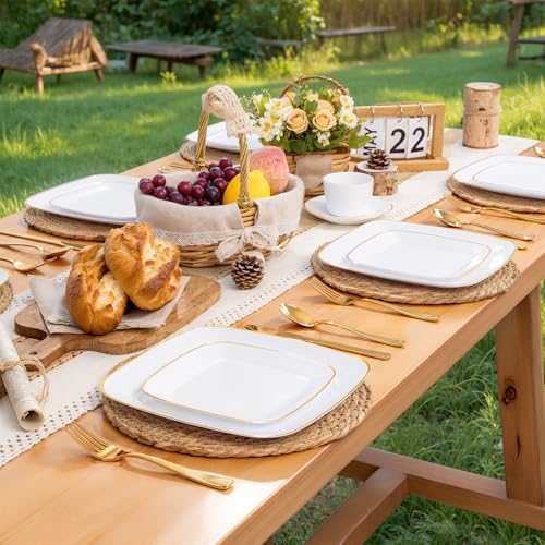 bUCLA 50PCS White and Gold Plastic Plates Disposable - Square Gold