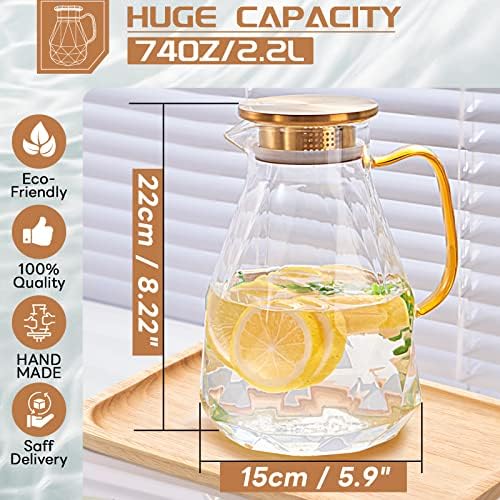 Glass Pitcher, 74.4 oz Water Pitcher With Lid