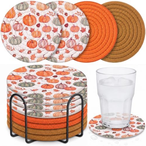 Mixweer 8 Pack Fall Pumpkins Cup Coasters with Metal Holder, Soft